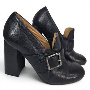 Firenze Studio Italy Black Pebbled Leather Heeled Loafers Block Heel Buckle 37
